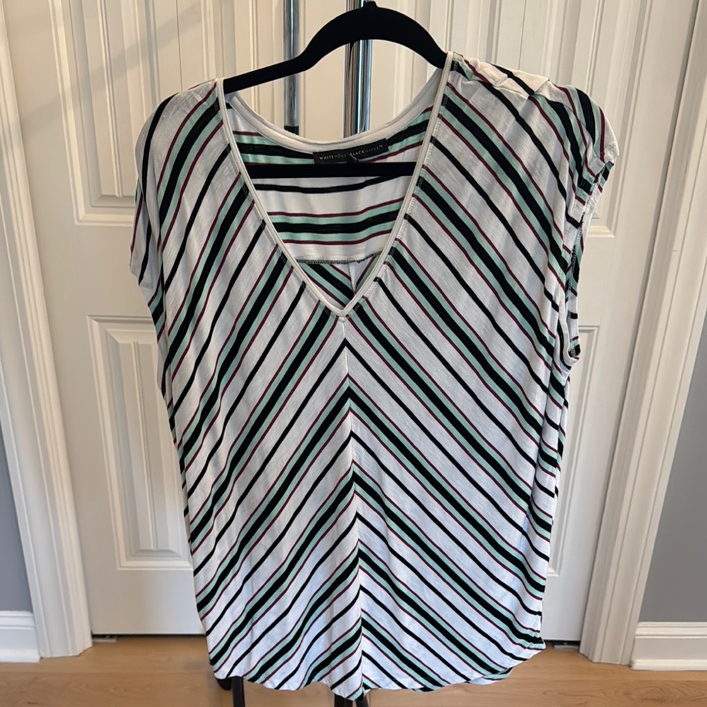 White House Black Market Striped V-Neck Women's Top - Black, White, Green